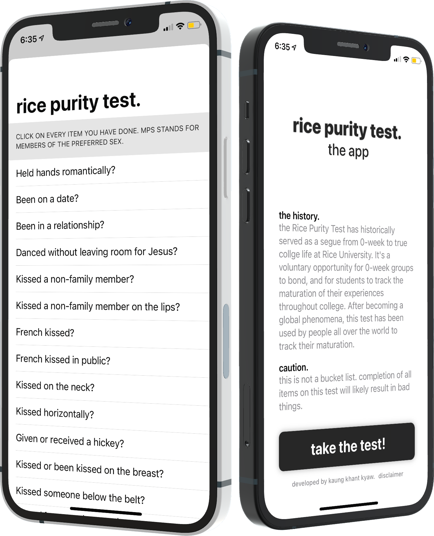 Rice Purity Test App Mockup